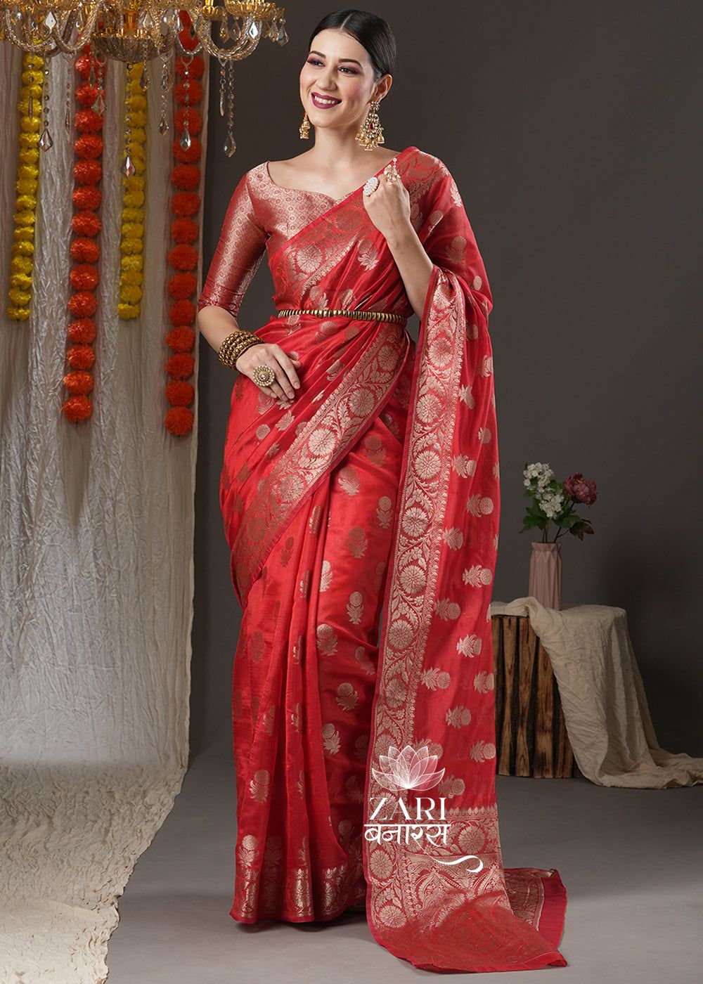 Bridal Red Woven Banarasi Organza Silk Saree