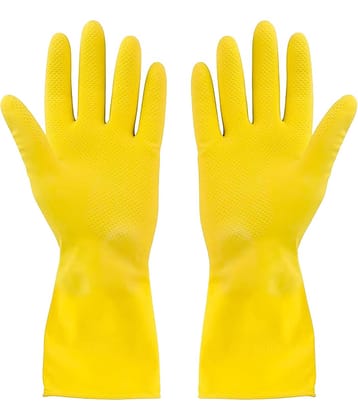Yellow Cleaning Reusable Rubber Hand Gloves for Washing Cleaning (1 Pairs) Yellow Rubber Free Size Cleaning Glove Set ( Pack of 1 )
