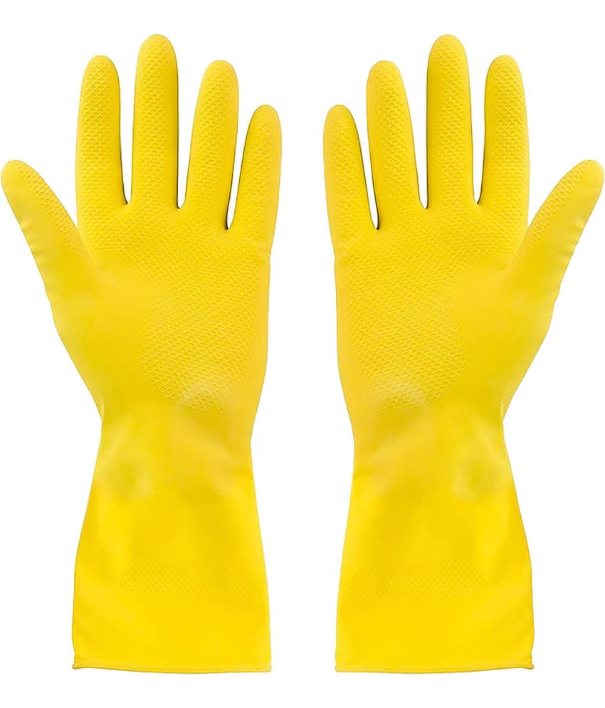 Yellow Cleaning Reusable Rubber Hand Gloves for Washing Cleaning (1 Pairs) Yellow Rubber Free Size Cleaning Glove Set ( Pack of 1 )