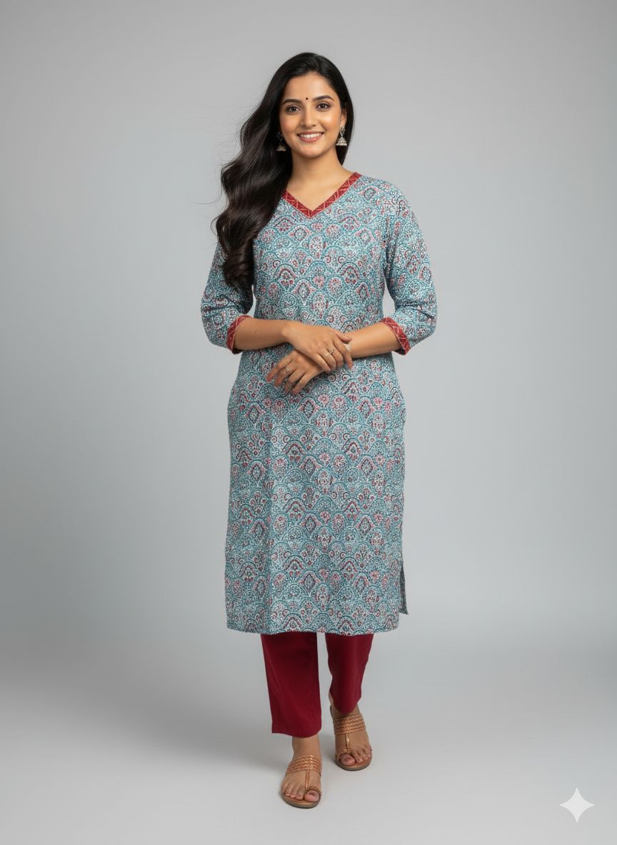 Rivaaj Ethnic Radha Straight Kurta (Size M) | Blue Pure Cotton with V-Neck Design | Casual Office Wear | 3/4 Sleeves