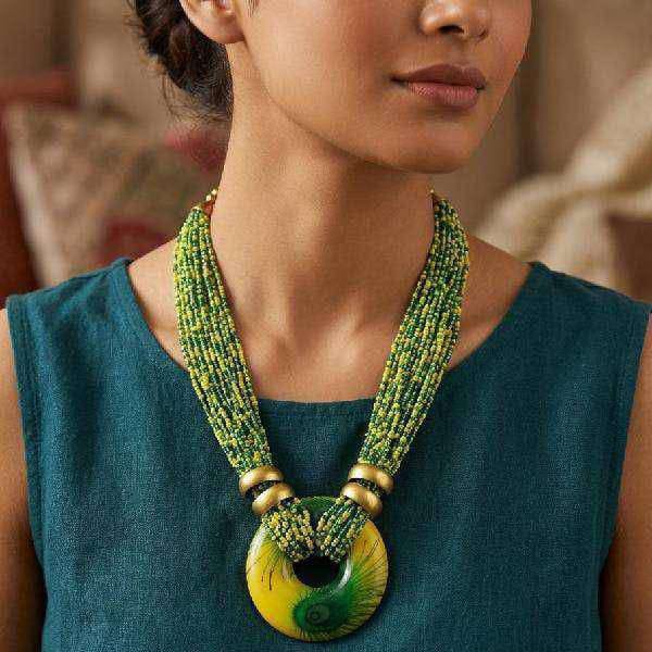 Premium Green Pecan Printed Seed Bead Round Pendant Necklace