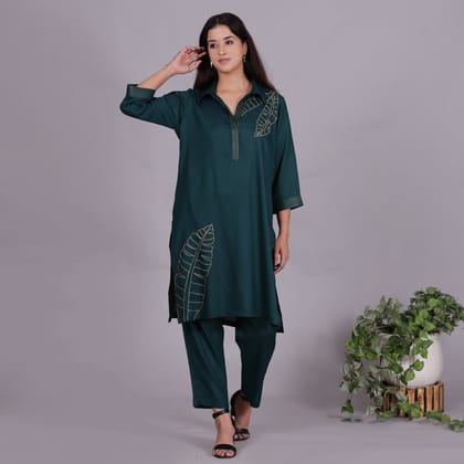Green Embroidered Viscose cotton co-ord set-XS