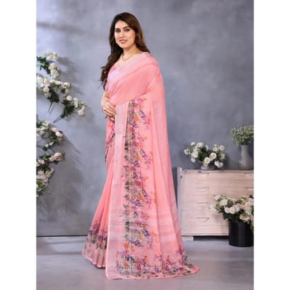 womens linen cotton printed saree with unstitched blouse 5mtr peach pid63904
