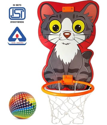 NHR Small Basket Ball kit Set with Ring for Kids, Playing Indoor Outdoor Basket Ball, High Quality Hanging Board with Net & Ball (Cat Face Printed)