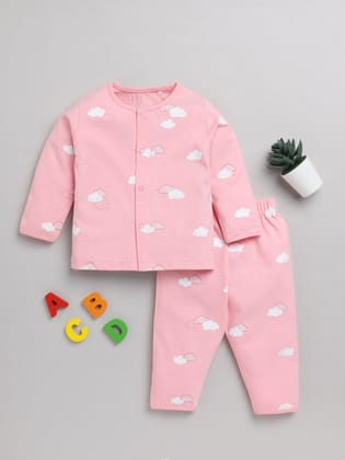 Cloud Pink Cotton Full Sleeve Nightwear Set-3-6 m