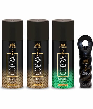 ST.JOHN Cobra Live 150ml*2,Sport 150ml & 15ml Deodorant Spray & Perfume for Men (465ml) Pack of 4