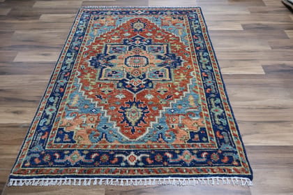 Handmade Tribal Heriz Design Wool Rug – Rust Blue Persian Carpet (8x10 ft)