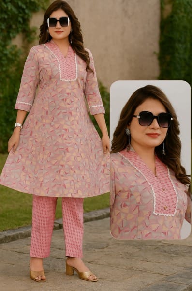 Cotton Pastel Pink Ethnic Kurti Setwith Printed Pants