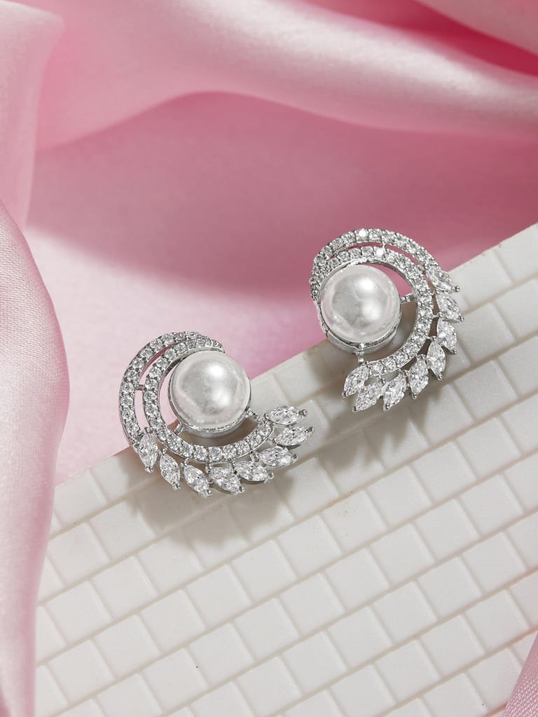 925 Sterling Silver Rhodium Plated Pearl Studds Earrings - Earrings | Buy online on ZillyBuy