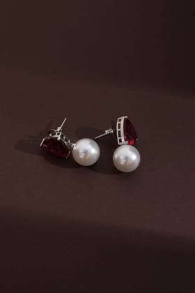 Belkis Ruby and Pearl Stud Earrings-Zirconia