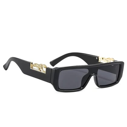Dervin UV Protection Rectangular wide leg Leopard Decorated Arms Sunglasses for Men and Women-Black