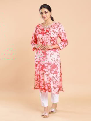 Kalyan Silks White Stripes & Light Pink Floral Printed Red Pink Kurti Top