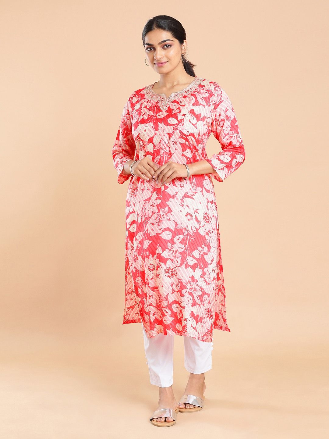Kalyan Silks White Stripes & Light Pink Floral Printed Red Pink Kurti Top