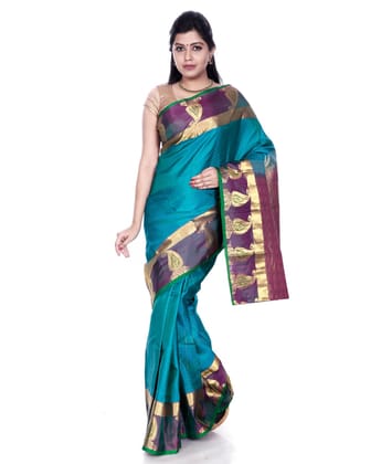 Turquoise Blue Kanchipuram Silk Saree with Butta Motif Border