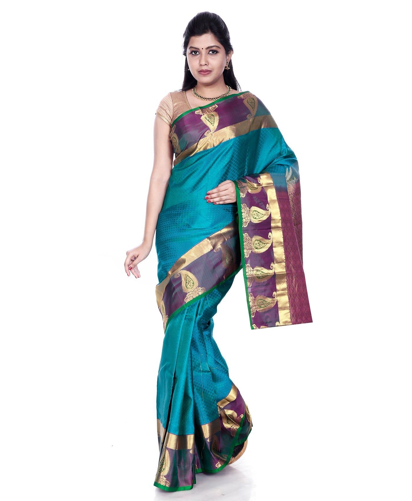 Turquoise Blue Kanchipuram Silk Saree with Butta Motif Border
