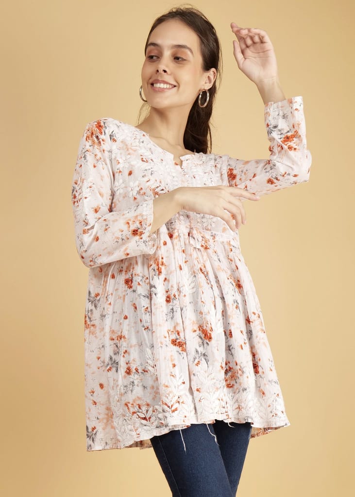 Mulmul Short Frock Style Kurti - Floral Print Orange