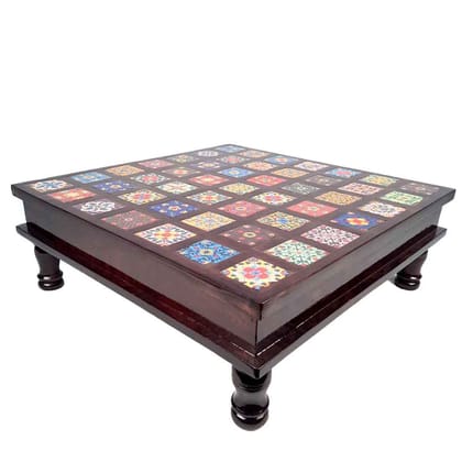 Wooden Chowki with Ceramic Tiles - For For Pooja, Weddings & Festivals - 17 Inch