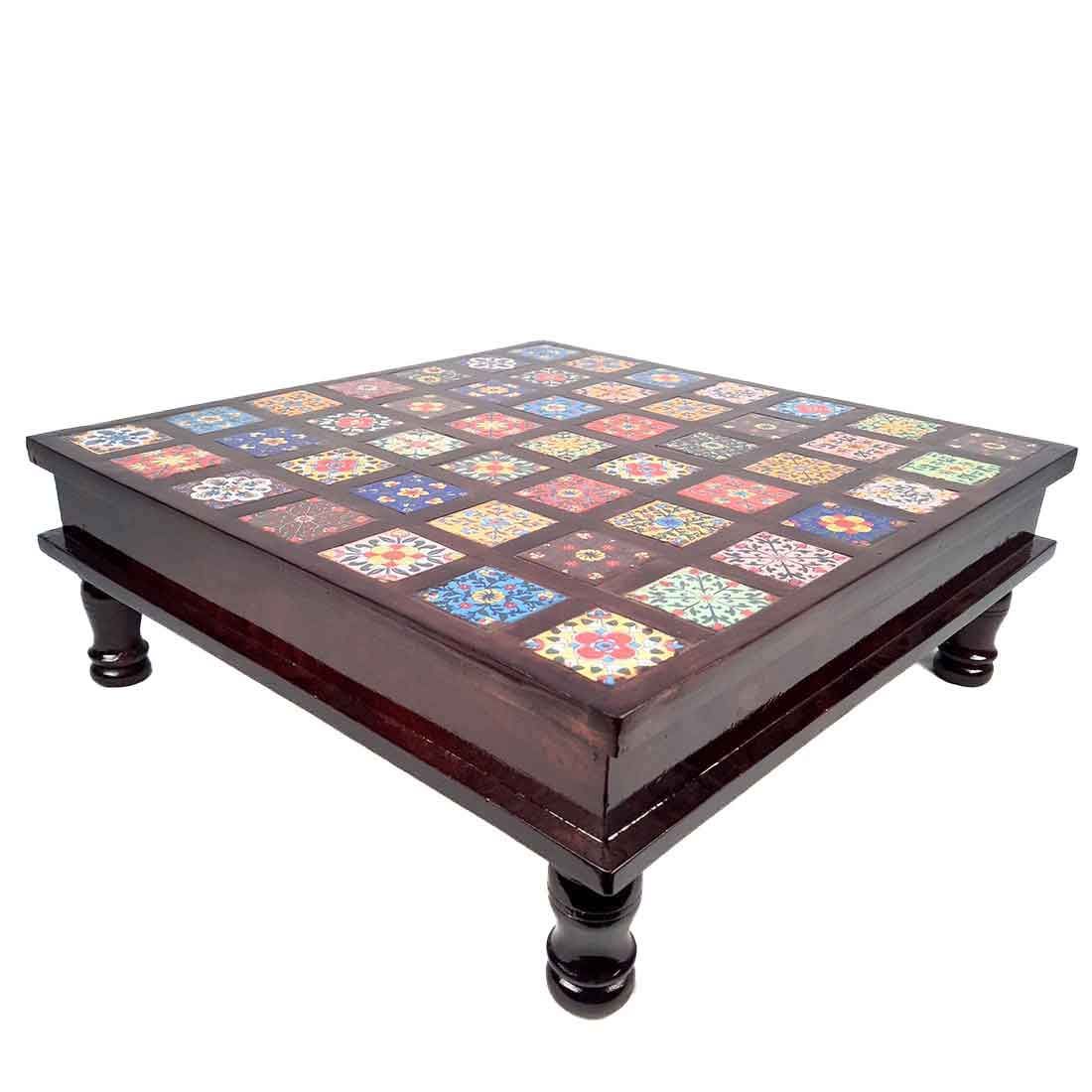 Wooden Chowki with Ceramic Tiles - For For Pooja, Weddings & Festivals - 17 Inch