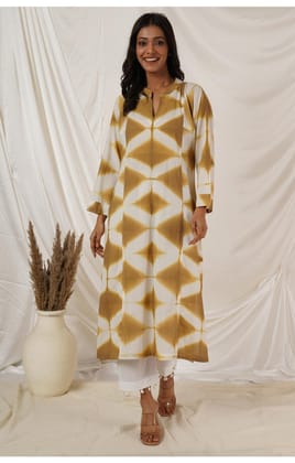 Beige White Clamp Dye Kurta-XL