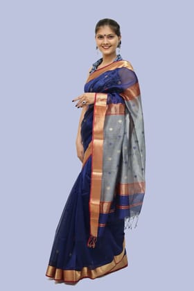 Vibrant Blue Drop motif handloom Saree with Tassels Vibrant Blue Drop motif handloom Saree with Tassels