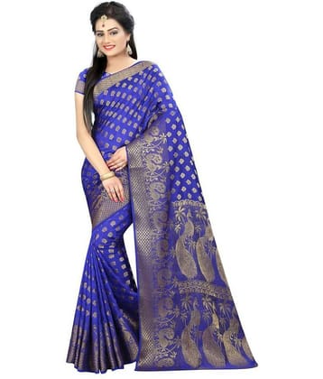 Gazal Fashions Silk Blend Embroidered Saree With Unstitched Blouse Piece ( Blue )