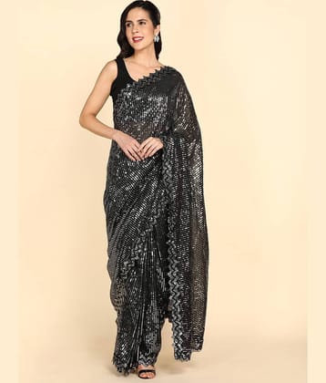 Aika Georgette Embellished Saree With Unstitched Blouse Piece ( Black )