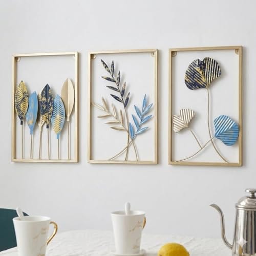 Metal Leaf and Floral Wall Art Decor, Set of 3, Gold, Blue and Silver, Triptych Framed Sculptures for Living Room