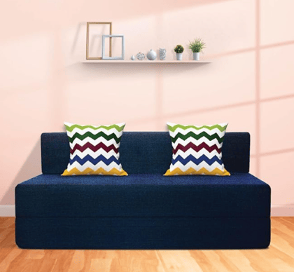 Starlon 3 Seater Sofa Cum Bed | Foldable Sofacum Bed | Jute Fabric Washable Cover Sofa (Navy Blue with 2 Cushion Waves Pattern, 6X6.5 Ft)