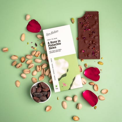 Bon Fiction A Rose In Pistachio Skies - Dark Rose Pistachio Chocolate, 55 gm Bon Fiction A Rose In Pistachio Skies - Dark Rose Pistachio Chocolate, 55 gm