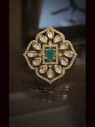 Oval center stone adjustable kundan ring with AD outline-Green