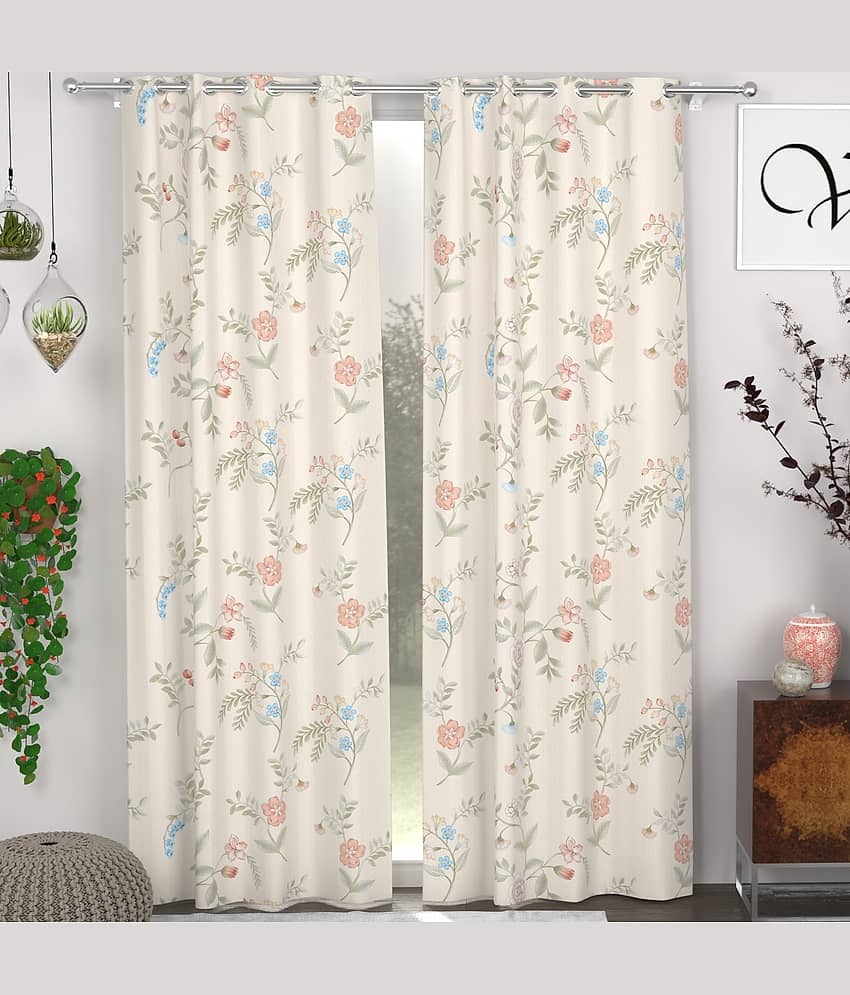chhavi india Floral Semi-Transparent Eyelet Curtain 7 ft ( Pack of 2 ) - Peach