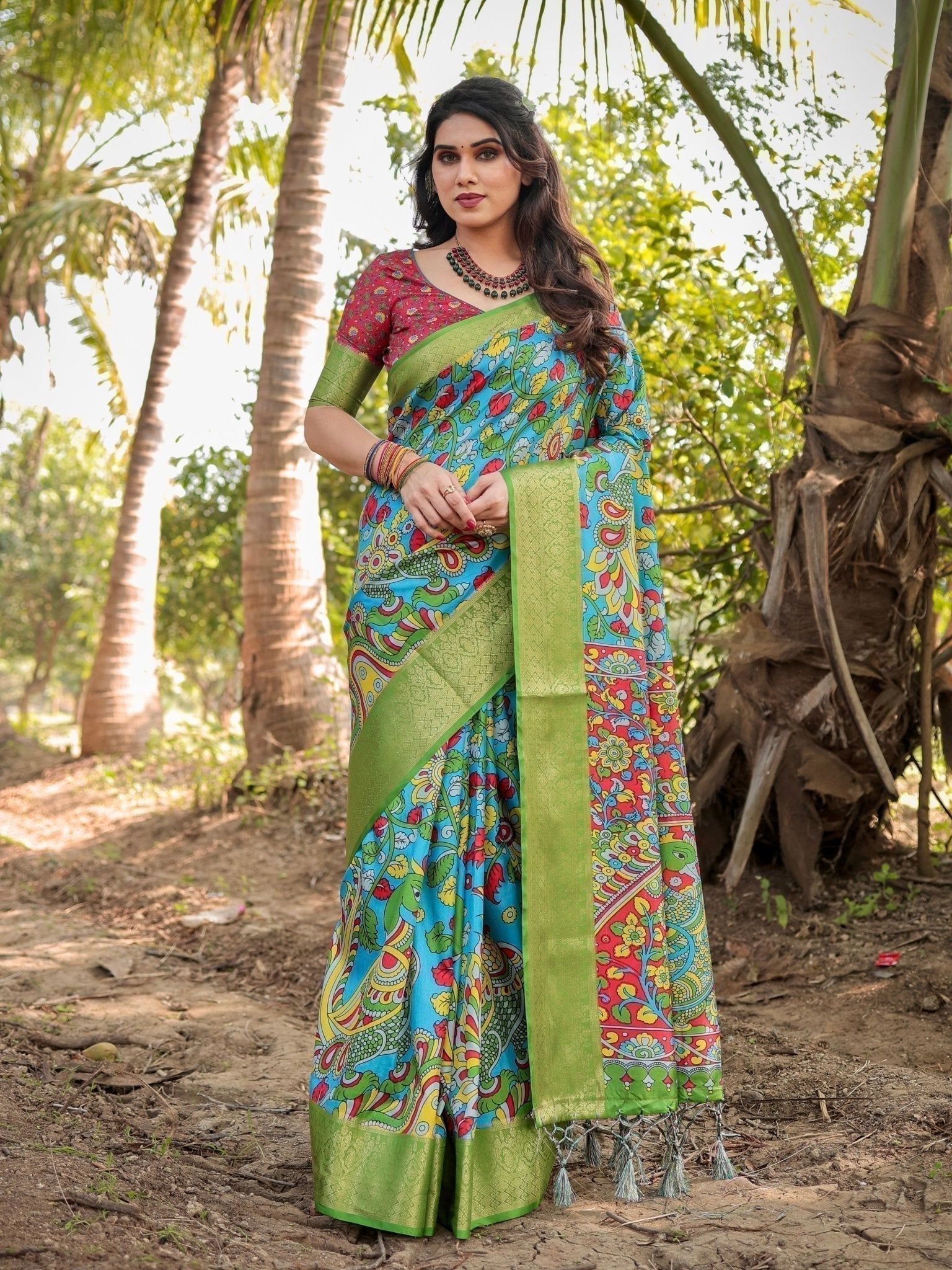 Vibrant Peacock Motif Blue and Green Tussar Silk Saree with Zari Border-Regular