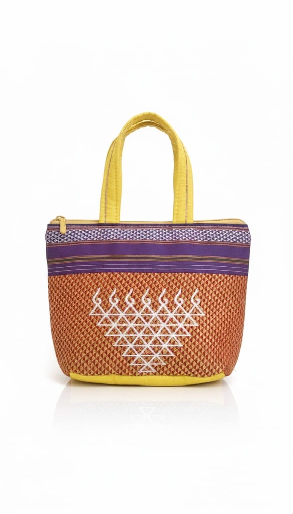 Vibrant Handwoven Tote Bag with Geometric Pattern & Embroidered Heart Accent – Vaishali Creations