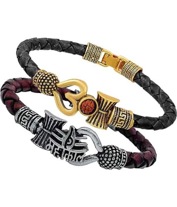 PAYSTORE One Sided Mahakal Trishul Rudraksha Beads Silver Plated Genuine Leather Black Dyed Rope Wrist Band/Belt Bahubali Kada Combo Bracelet Cum Rakhi for Men/Women