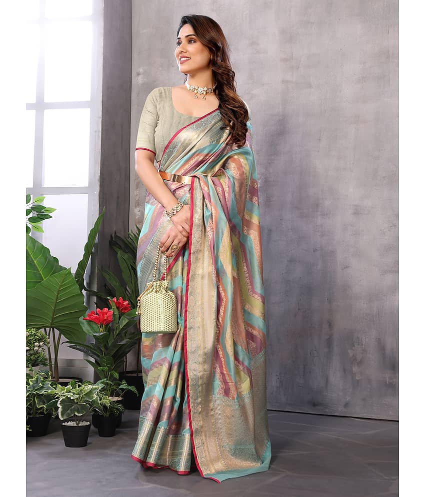 Sidhidata Organza Woven Saree With Unstitched Blouse Piece ( Sea Green )