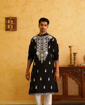 Men's Cotton Neck Embroidered Black Kurta-36