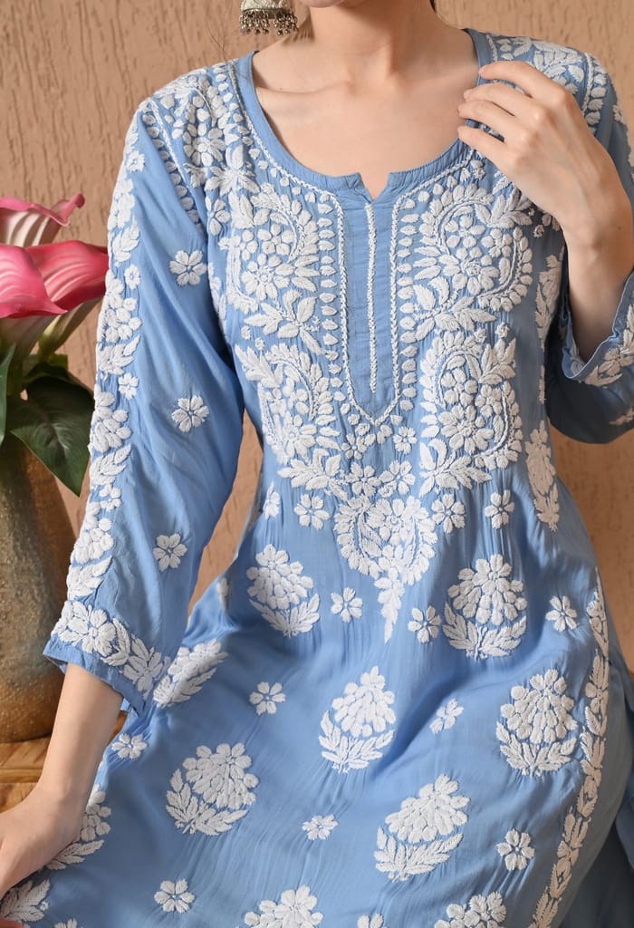 Hand Embroidered Chikankari Modal Plazo Set with 3D Work – Ethnic Wear Powder Blue