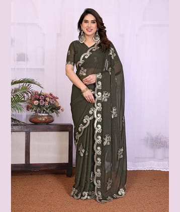 VEDANT VASTRAM Georgette Embroidered Regular Saree With Unstitched Blouse Piece ( Olive )