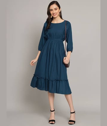 Femvy Women Polyester Solid Fit & Flare Dress ( Blue )