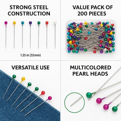 Sewing Pins for Tailoring (200 Pieces) � Steel Multicolored Pins for Sewing � 1.25 Inch Long Pearl Head Moti Pin for Dressmaking, Patchwork, Florist Decoration & Hijab/Scarf Use