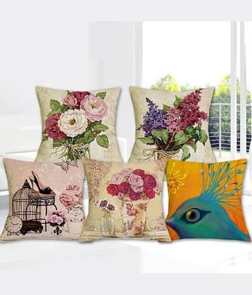 Home Solution Set of 5 Jute Floral Printed Square Cushion Cover (40X40)cm - Multi