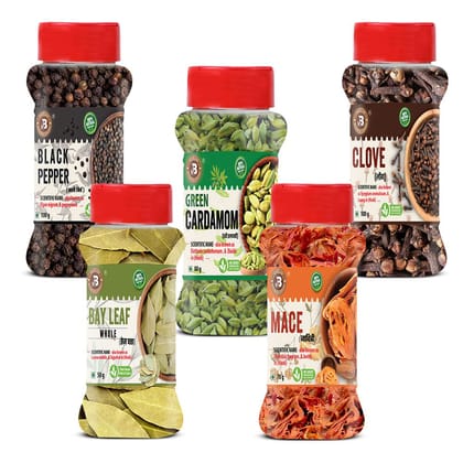 Brew Lab Sabut Garam Masala Combo Black Pepper-100 grams, Green Cardamom-80 grams, Clove-100 grams, Bayleaf-50 grams, Mace-70 grams(400 grams)