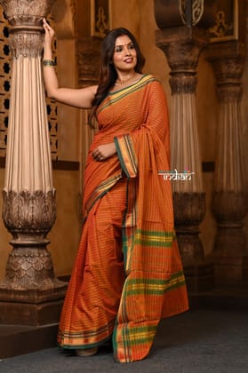 Parampara ~ Pure Cotton Saree in Regal Orange with Exclusive Zari Border & Pallu