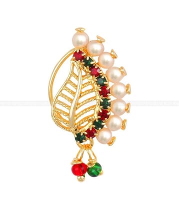 Vivastri Gold Plated Red Stone with Peals Alloy Maharashtrian Nath Nathiya./ Nose Pin for Women &Girls VIVA1016NTH-Press - Multi Color