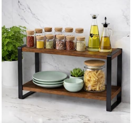 Metal Wooden Countertop Kitchen Organizer Rack, Two-Tier Storage Shelf, 33cm x 13cm x 29cm, Brown