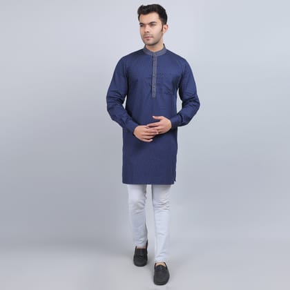 Navy Blue cotton full-sleeves  band collar kurta in comfort fit-M