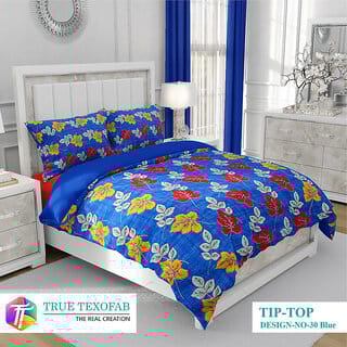 BLACK BEE  Leaves print on blue base double bedsheet with 2 Pillow Covers (208 X 213 cm)(BS30-03)