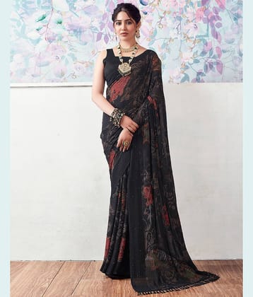 Satrani Georgette Printed Saree With Unstitched Blouse Piece ( Green )