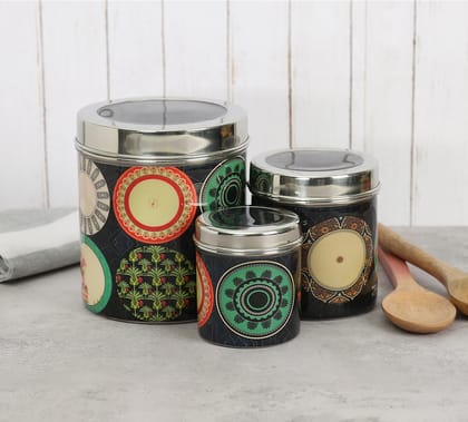 India Circus Platter Portrayal Steel Container Set Of 3 India Circus Platter Portrayal Steel Container Set Of 3