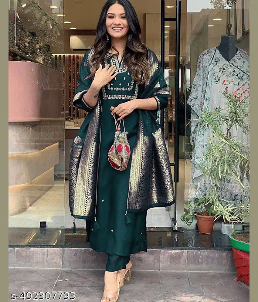 OMICRON FAB Chanderi Embroidered Kurti With Pants Women's Stitched Salwar Suit - Green ( Pack of 1 )